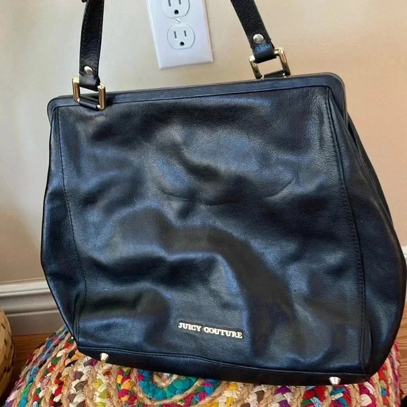 Juicy Couture black  leather electric blue satin lining gold studs bag - Picture 1 of 7